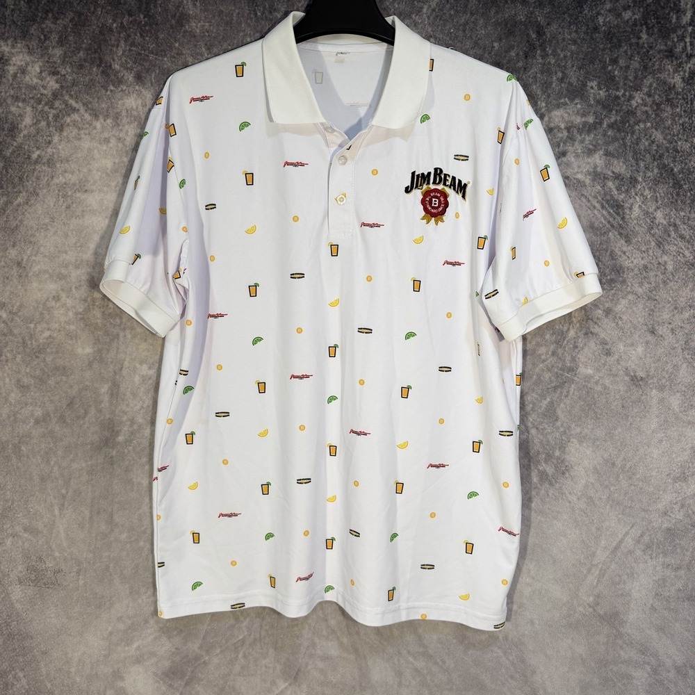 Jim Beam White Golf Polo Shirt Short Sleeve‎ L All Over Print Cocktails